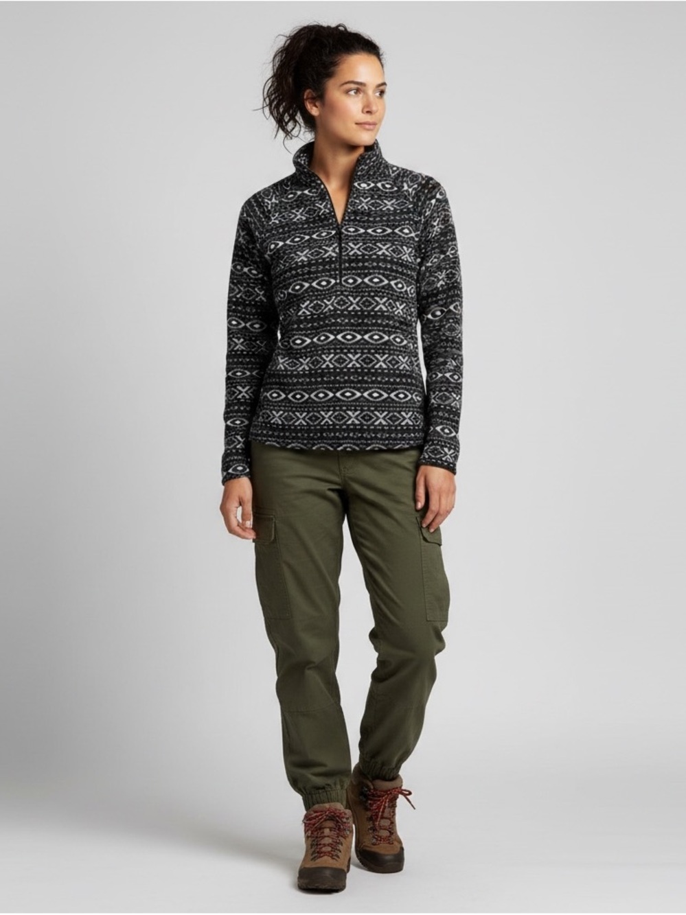 Black and White Patterned Fleece Top with Zipper